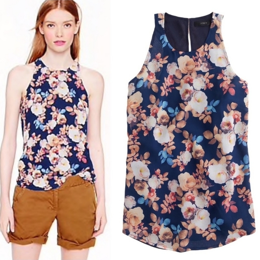 J.Crew Silk Blue floral Racerback Blouse, Size 0